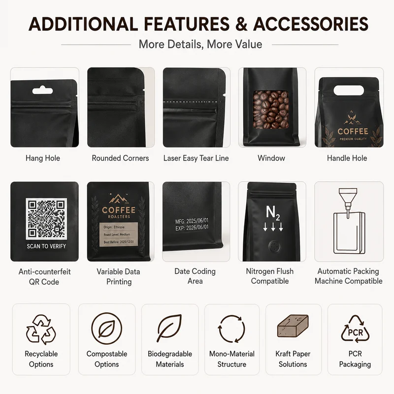 Custom coffee bag features including hang holes, windows, QR codes, date coding and machine compatibility