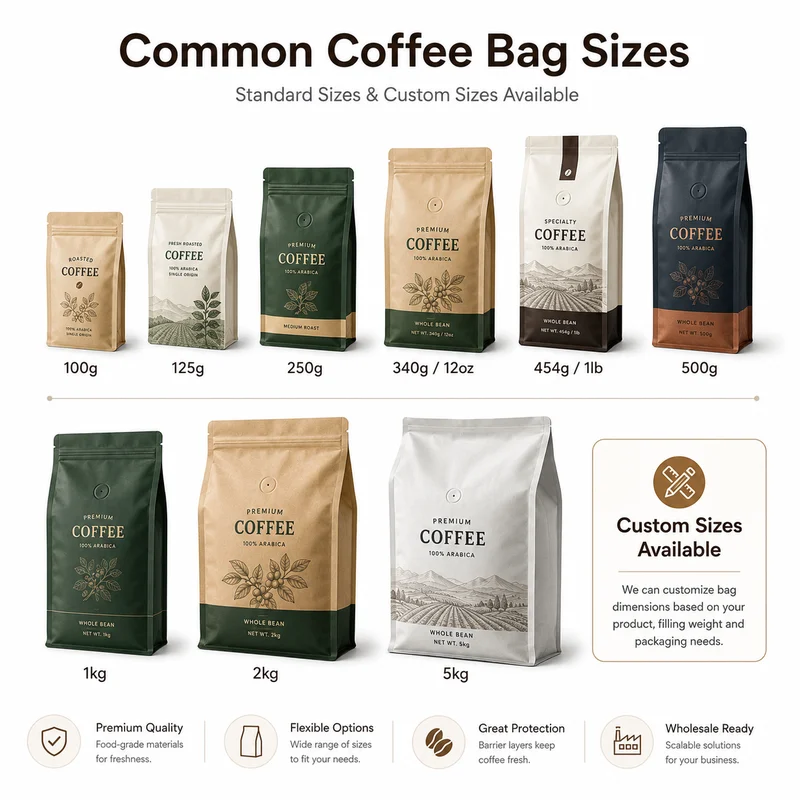 Custom coffee bag sizes from 100 grams to 5 kilograms for retail and wholesale coffee packaging