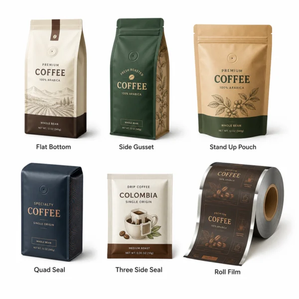 Custom coffee bag styles including flat bottom, side gusset, stand up pouch, quad seal and roll film