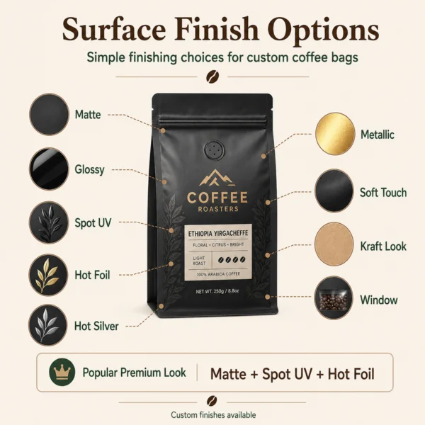 Custom coffee bag styles including flat bottom, side gusset, stand up pouch, quad seal and roll film
