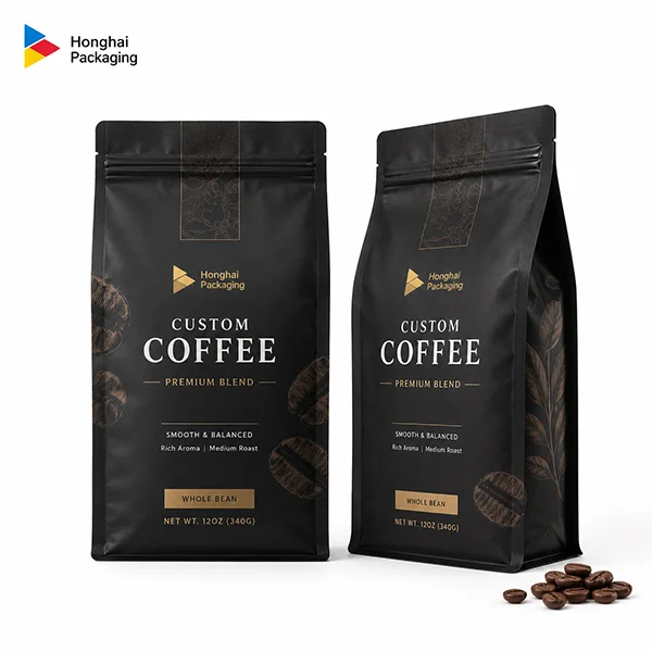 Custom coffee flat bottom pouches with high-barrier films, zipper and premium printing by Honghai Packaging