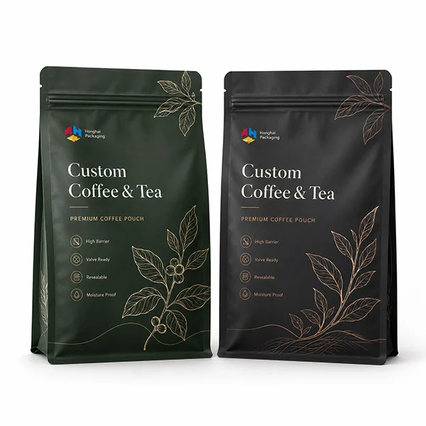 Custom coffee and tea stand up pouches with high-barrier films, valve-ready structure and logo printing by Honghai Packaging