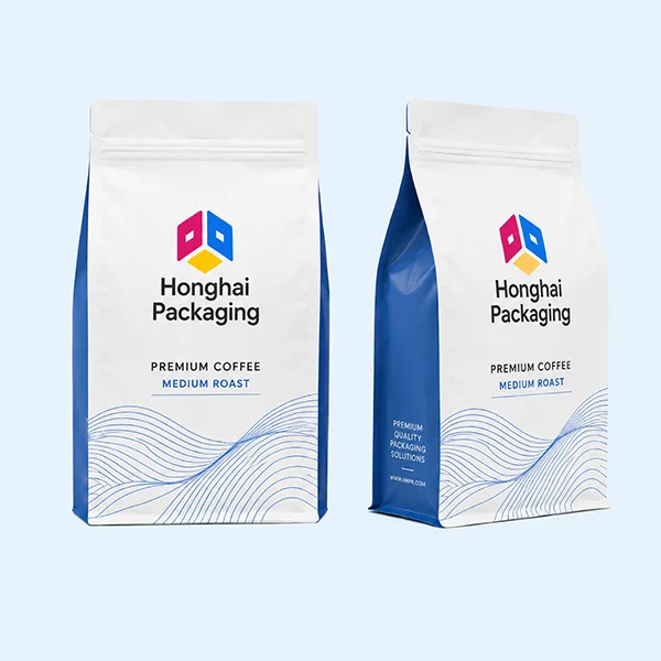 Custom coffee and tea flat bottom pouches with high-barrier materials, resealable zipper and custom printing by Honghai Packaging