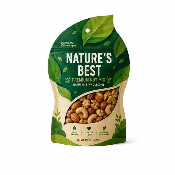 Custom die cut window shaped pouch for nut packaging with leaf-style pouch shape and clear product window