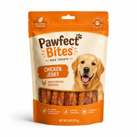 Custom printed chicken jerky dog treat bag with resealable zipper, clear window and orange branding.
