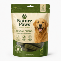 Green custom dog dental chew bag with resealable zipper, product window and natural-style branding.