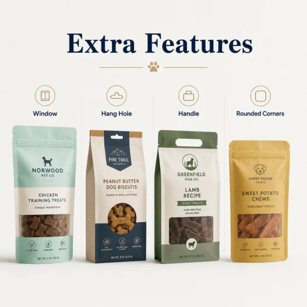 Custom dog treat bags with transparent window, hang hole, carrying handle and rounded corners.