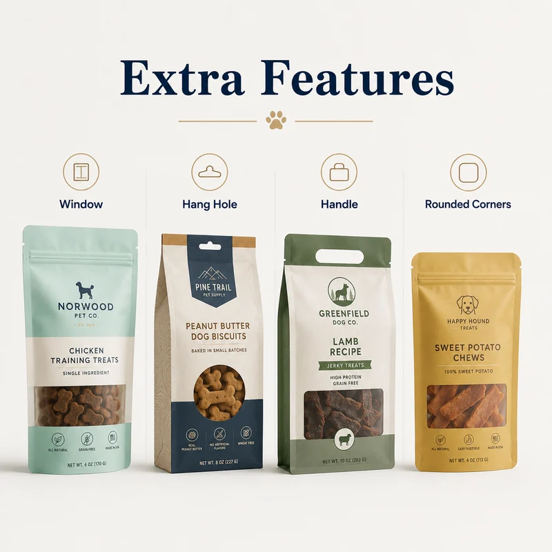Custom dog treat bags with transparent window, hang hole, carrying handle and rounded corners.