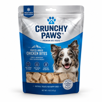 Blue and silver custom freeze-dried dog treat pouch with zipper, clear window and premium printed design.