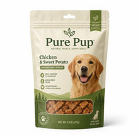 Beige and green custom natural dog treat bag with resealable zipper, transparent window and printed branding.