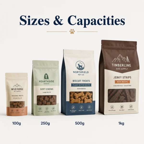 Custom dog treat bags displayed in 100g, 250g, 500g and 1kg packaging sizes.