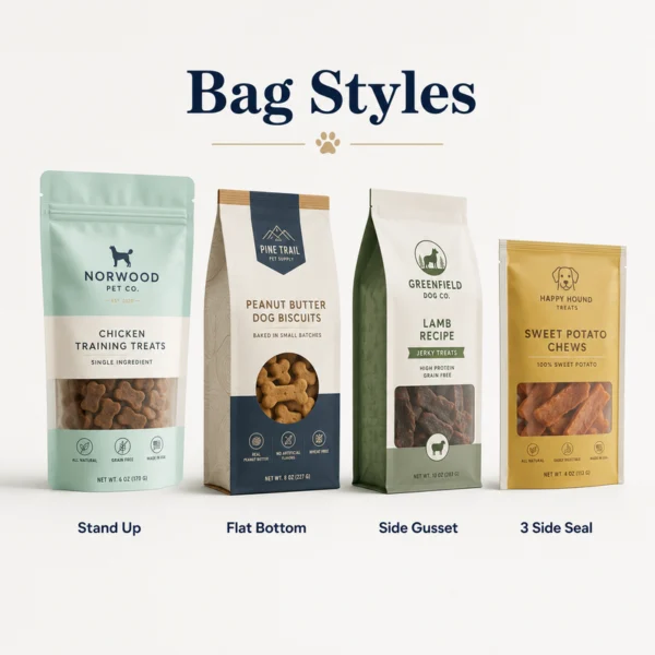 Custom dog treat packaging shown in stand-up, flat-bottom, side-gusset and three-side-seal bag styles.