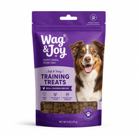 Purple custom dog training treat pouch with hang hole, zipper, clear window and printed dog graphics.