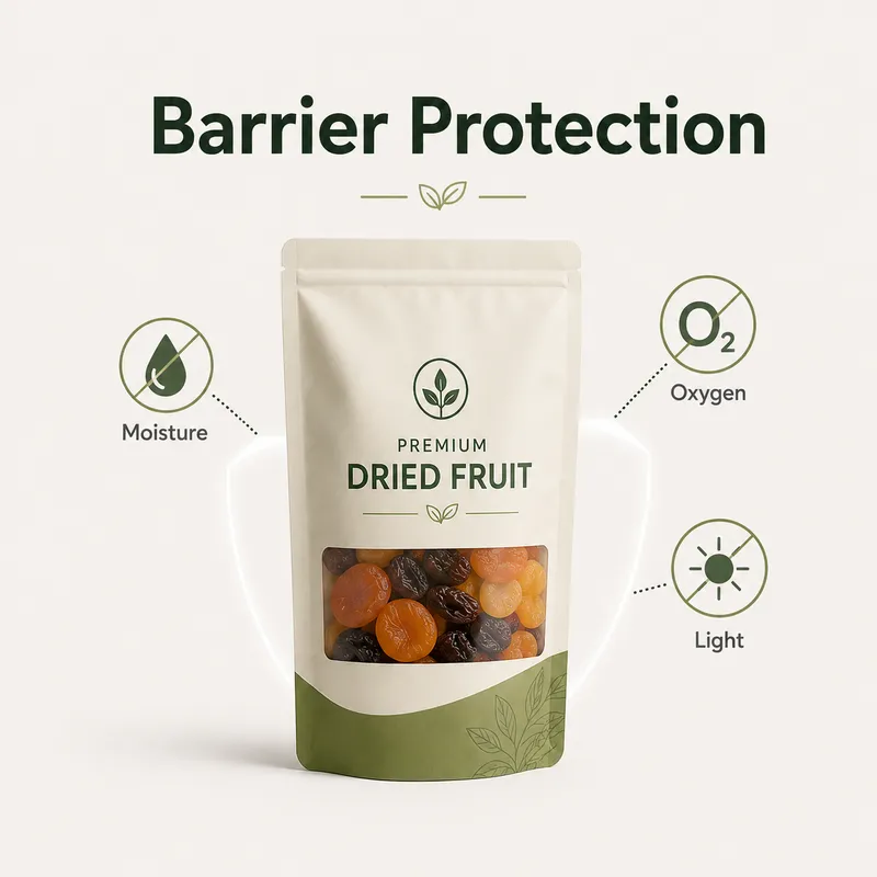 High-barrier dried fruit packaging pouch providing protection against moisture, oxygen and light.