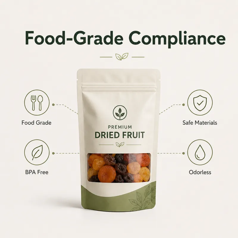 Food-grade dried fruit packaging pouch made with safe, odorless and food-contact-compliant materials.