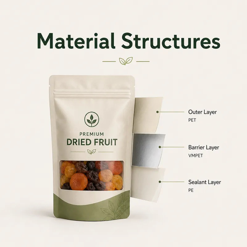 PET, VMPET and PE multilayer material structure for custom dried fruit packaging pouches.