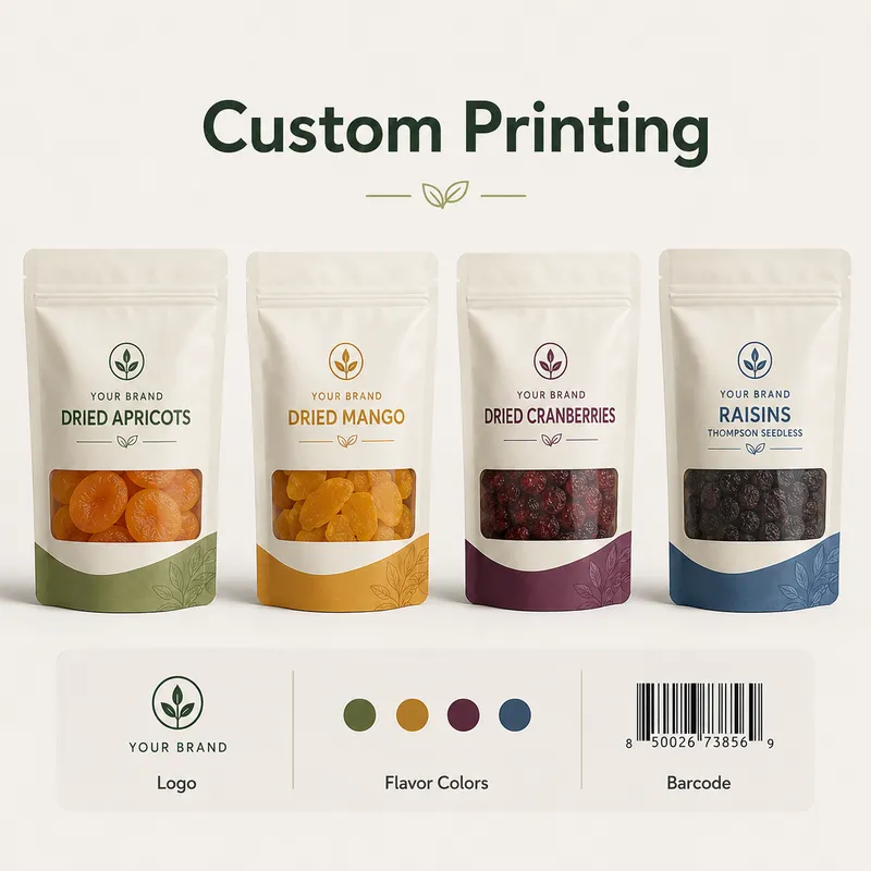 Custom printed dried fruit pouches featuring brand logos, flavor colors, product names and barcodes.