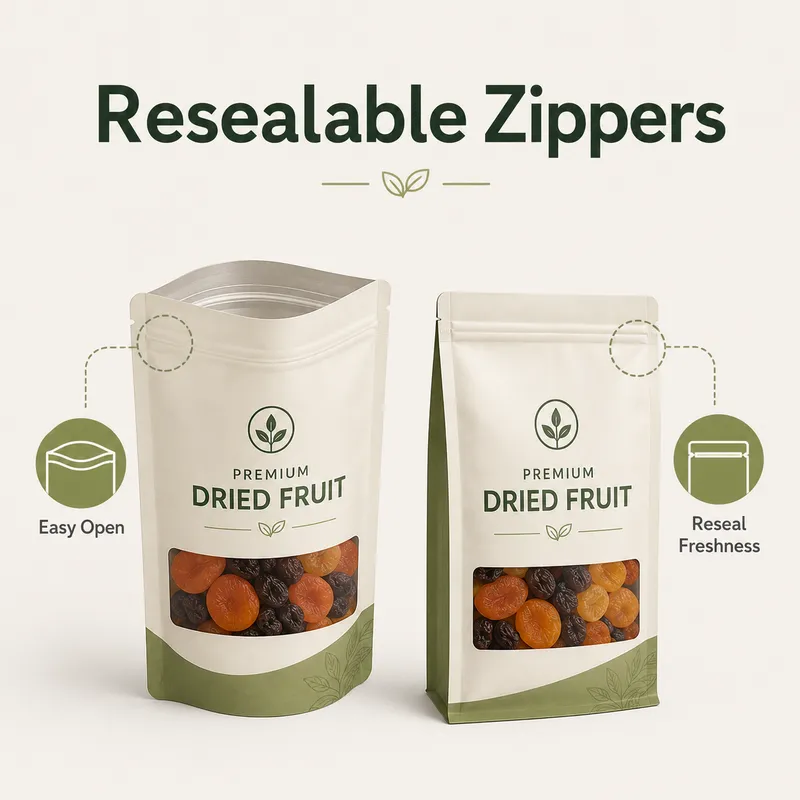Custom dried fruit pouches with resealable zipper closures for easy opening and freshness protection.
