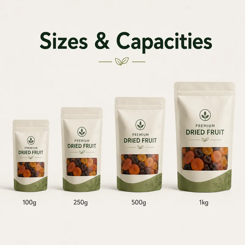 Custom dried fruit pouch sizes and capacities ranging from 100 grams to 1 kilogram.