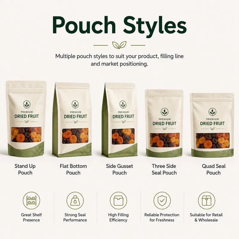 Custom dried fruit pouch styles including stand-up, flat-bottom, side-gusset, three-side-seal and quad-seal bags.