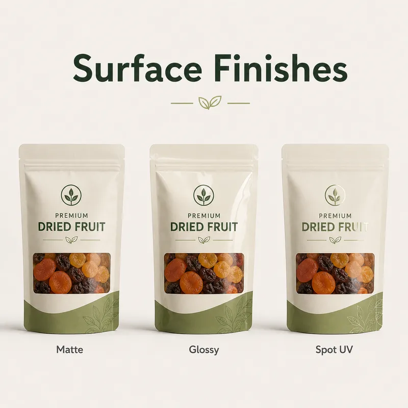 Matte, glossy and spot UV surface finish options for custom dried fruit packaging bags.