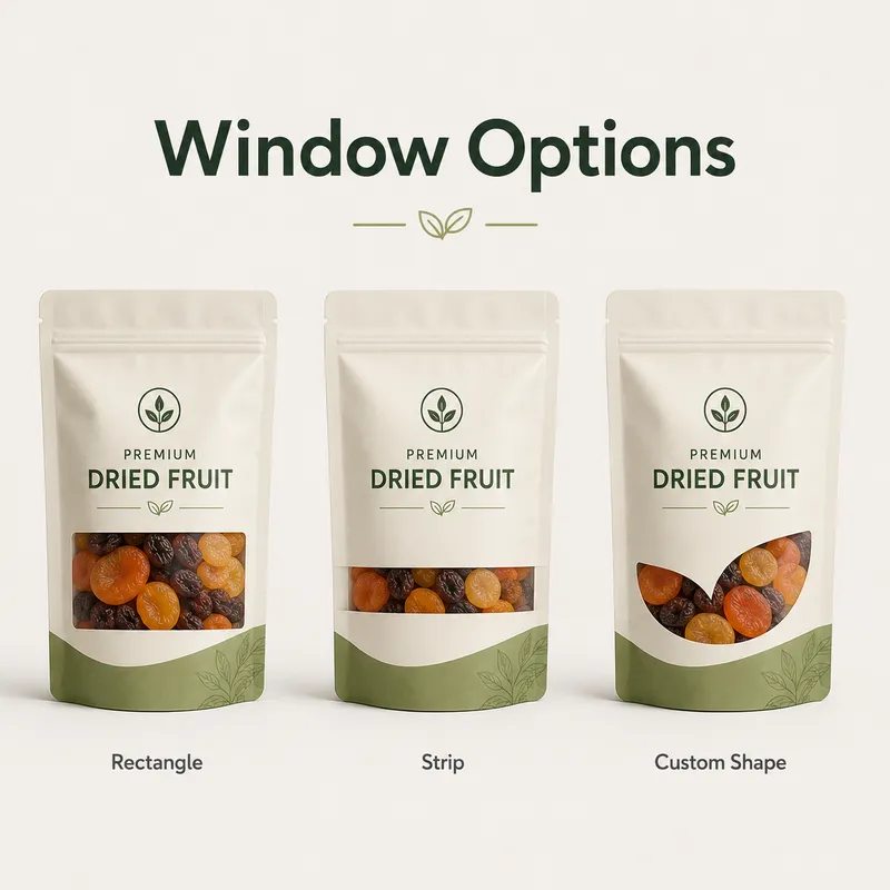 Rectangle, strip and custom-shaped transparent window options for dried fruit packaging pouches.