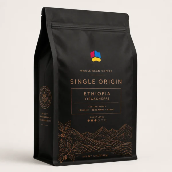 Custom black flat bottom coffee bag with copper printing for single-origin whole bean coffee