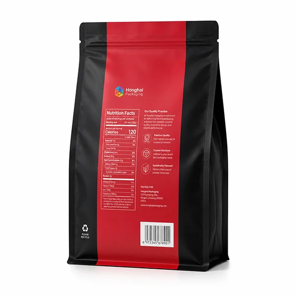 Custom flat bottom pouch side gusset view showing stable standing structure and premium packaging design