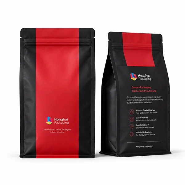 Custom flat bottom pouch back panel with nutrition information, barcode area and branded packaging layout