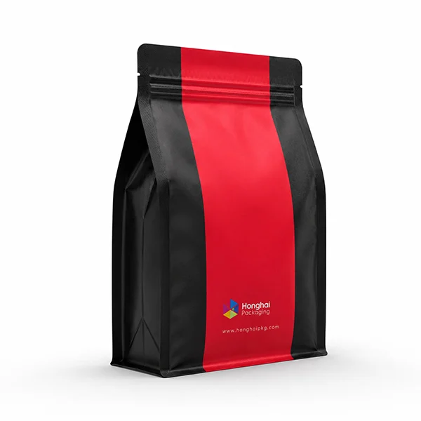 Custom flat bottom pouch front view with wide printable panels and stable box-style structure by Honghai Packaging