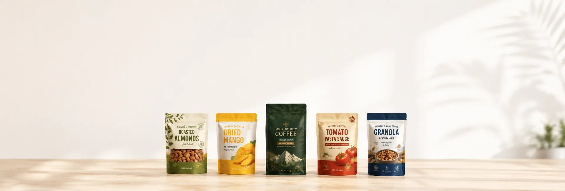 Custom printed food packaging bags in multiple pouch styles for oatmeal, matcha, coffee, beef jerky, frozen fruit and sauces.