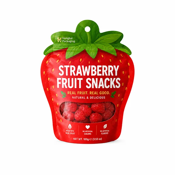 Custom fruit shaped pouch for strawberry snack packaging with bright red fruit design and clear window