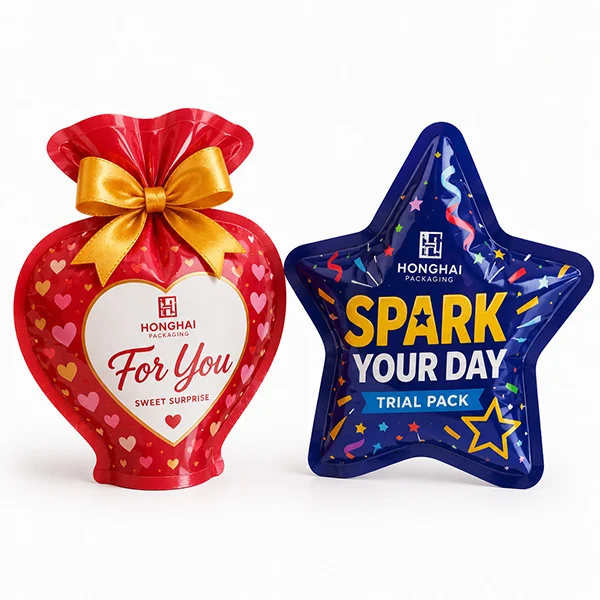 Custom gift and promotional shaped pouches for trial packs, giveaways and limited edition packaging