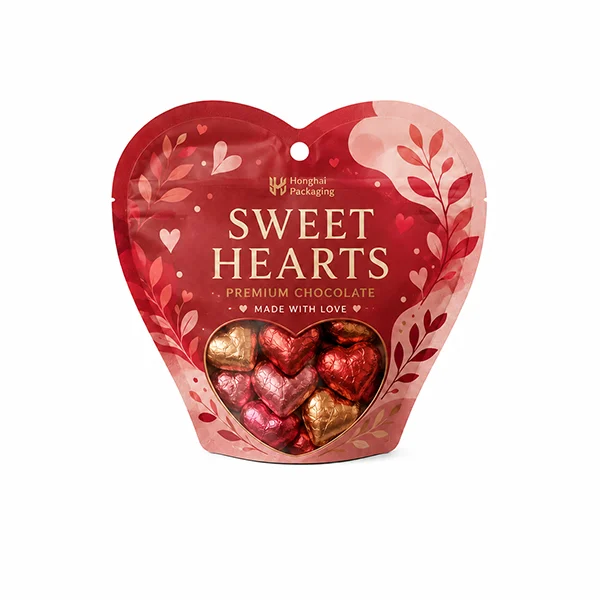 Custom heart shaped pouch for chocolate packaging with romantic heart design and clear window