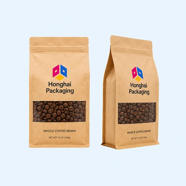 Custom kraft window flat bottom pouches for coffee beans, nuts and natural food packaging by Honghai Packaging