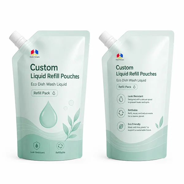 Custom liquid refill spout pouches for detergent, personal care and liquid refill products with leak-resistant packaging structure