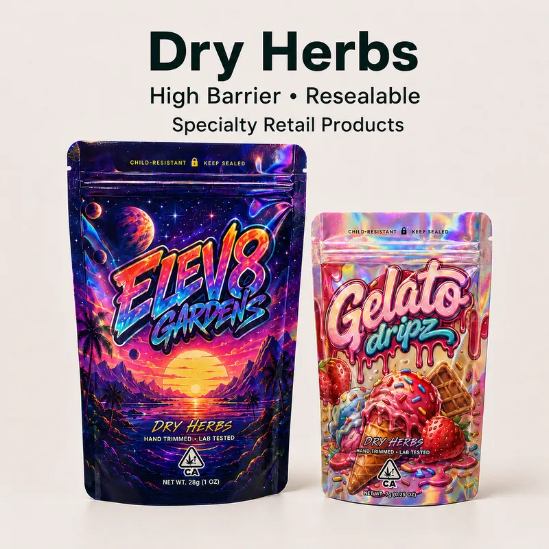Custom Mylar bags for dry herbs and specialty retail products featuring colorful printed resealable pouches with high-barrier protection.
