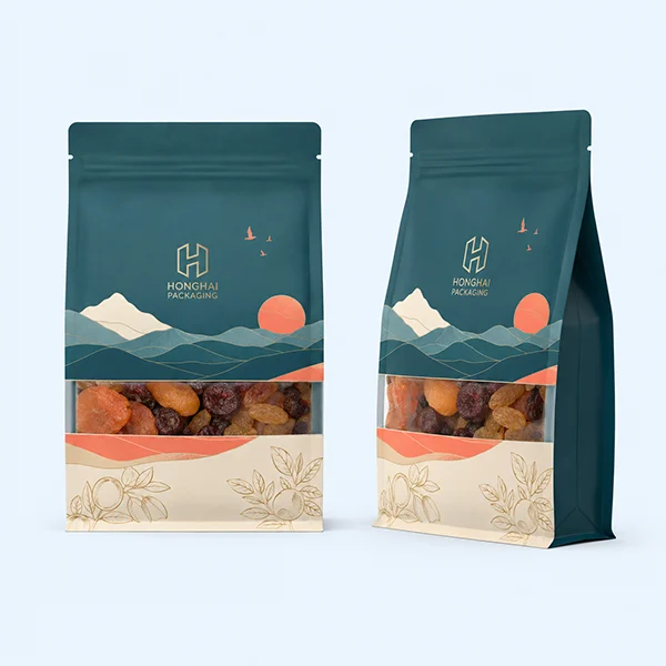 Custom organic food flat bottom pouches with clear window and high-barrier structure for dried fruit and natural food products