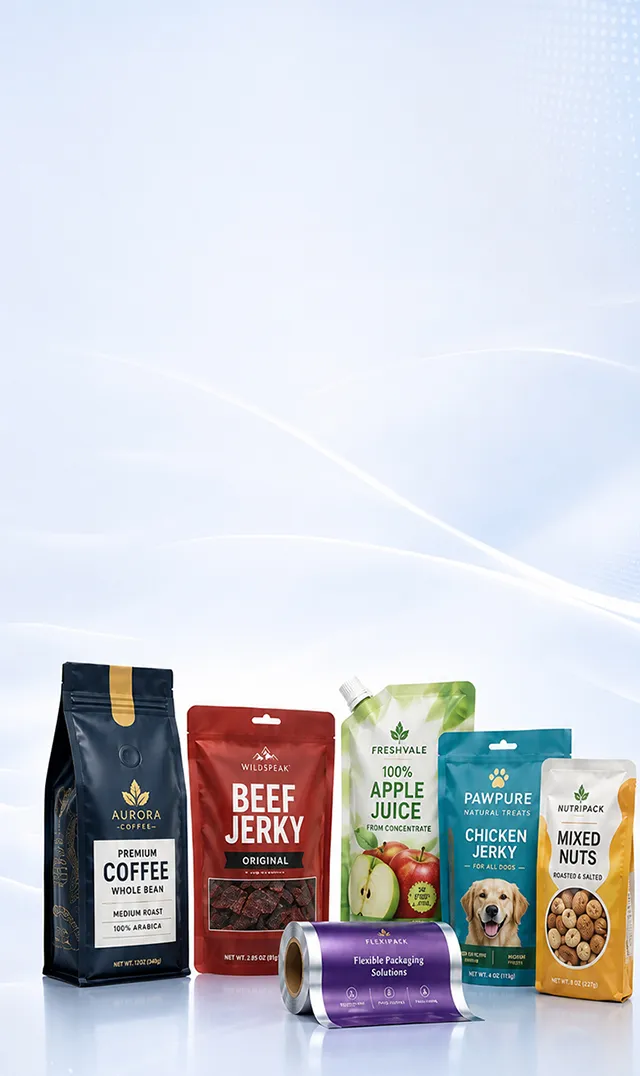 Custom packaging application industry solutions featuring coffee bags, food pouches, pet food packaging, juice spout pouches, snack bags and printed roll film.