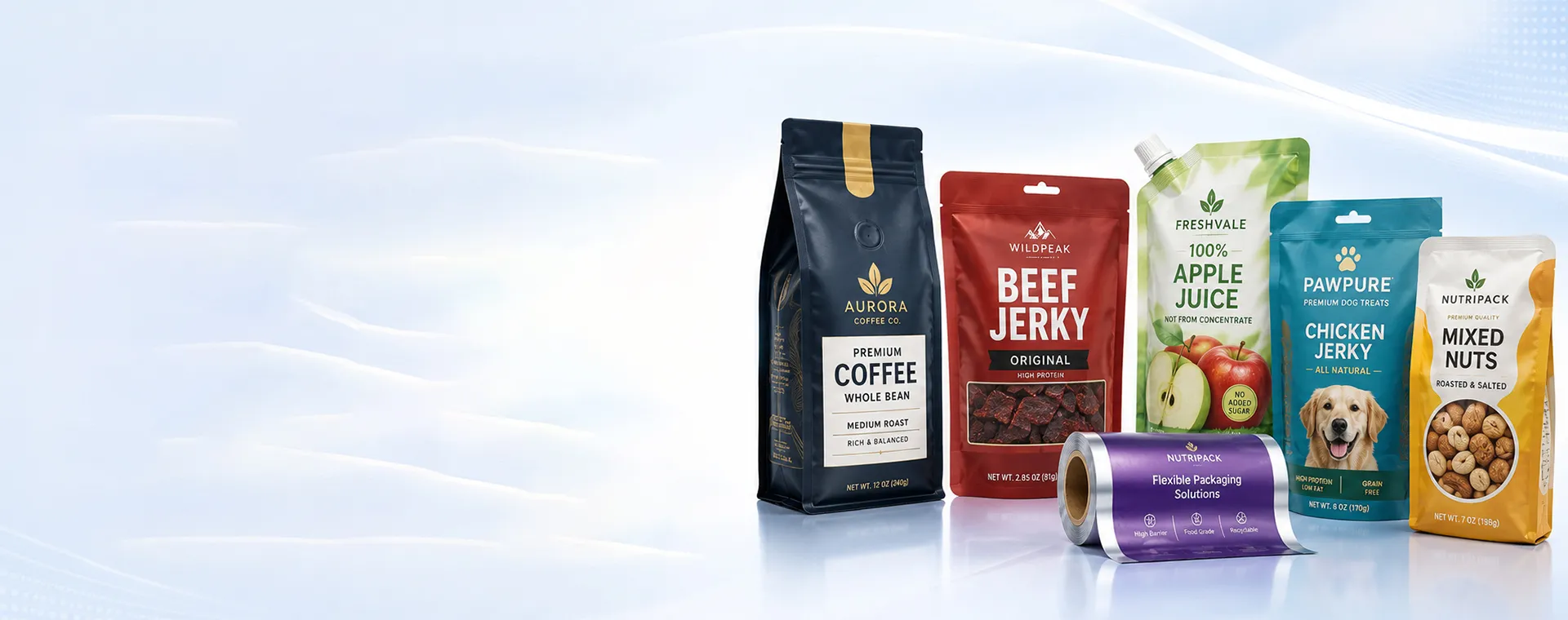 Custom packaging application industry solutions featuring coffee bags, food pouches, pet food packaging, juice spout pouches, snack bags and printed roll film.