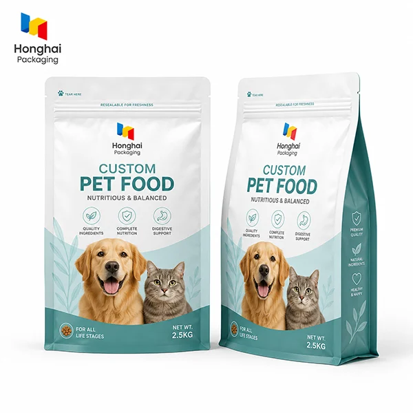 Custom pet food flat bottom pouches with large capacity, zipper and food-grade materials for pet brands