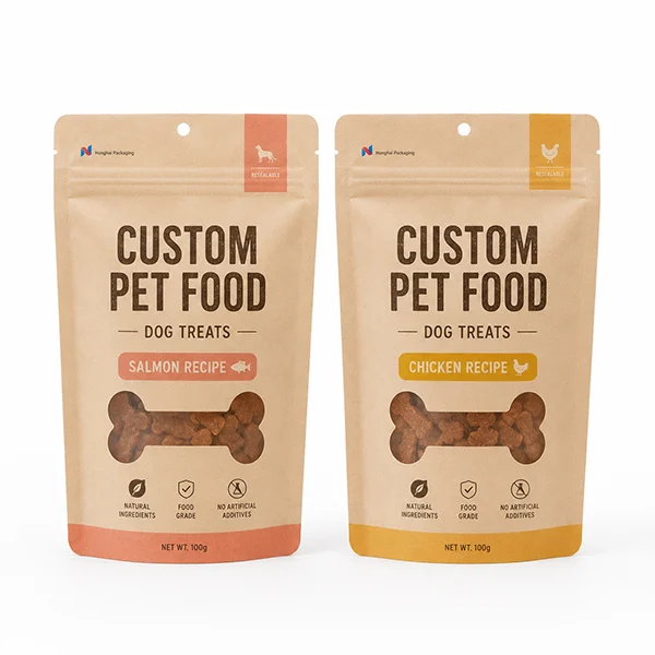 Custom pet food and dog treat packaging pouches with zipper, window and food-grade materials for pet brands and distributors