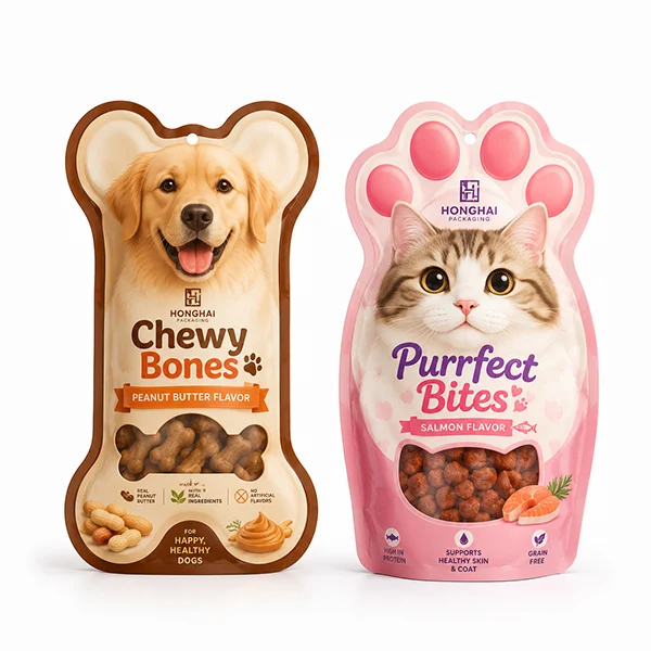 Custom pet treat shaped pouches for dog and cat snacks with bone and paw inspired packaging designs