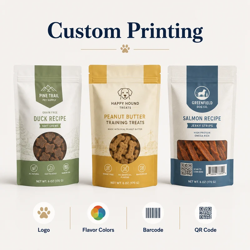 Custom printed dog treat pouches featuring brand logos, flavor colors, barcodes and QR codes.