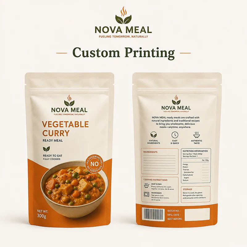 Custom printed retort pouch with branded front design, nutrition information, ingredients, barcode and batch code area.