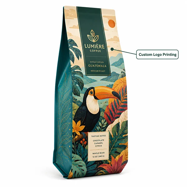 Custom printed side gusset pouch with logo, graphics and brand information by Honghai Packaging.
