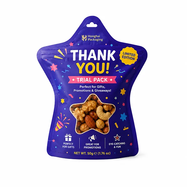 Custom promotional shaped pouch for trial pack packaging with star shape and colorful printed design