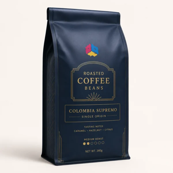 Premium navy blue quad seal coffee bag with gold printing for roasted coffee beans