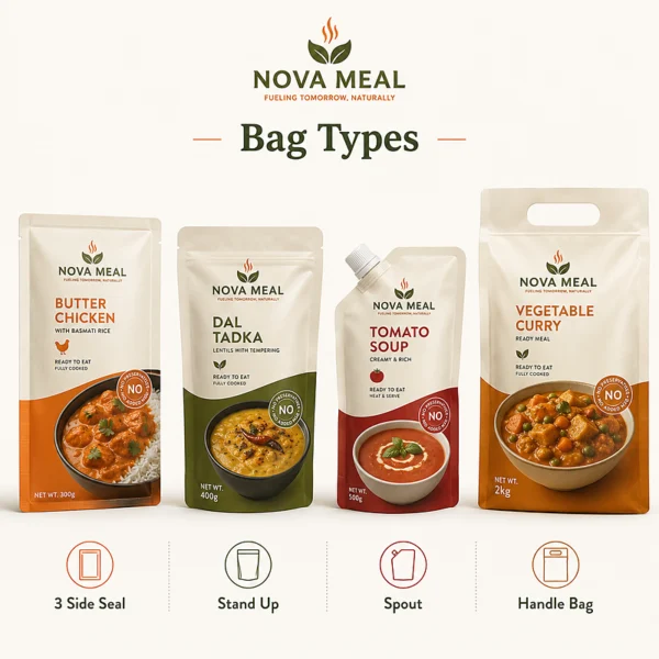 Custom retort pouch bag types including three side seal, stand up, spout and large handle pouches for ready meal packaging.