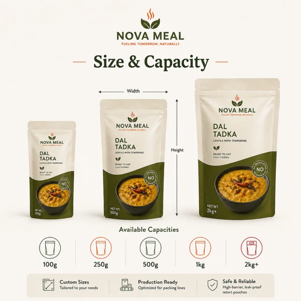 Custom retort pouch sizes and capacities from 100g to 2kg for different filling lines and food packaging requirements.